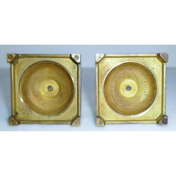 Pair of Vintage Solid Brass Seiden Candlesticks 5" Tall Square Base Needs Polish - Picture 5 of 6
